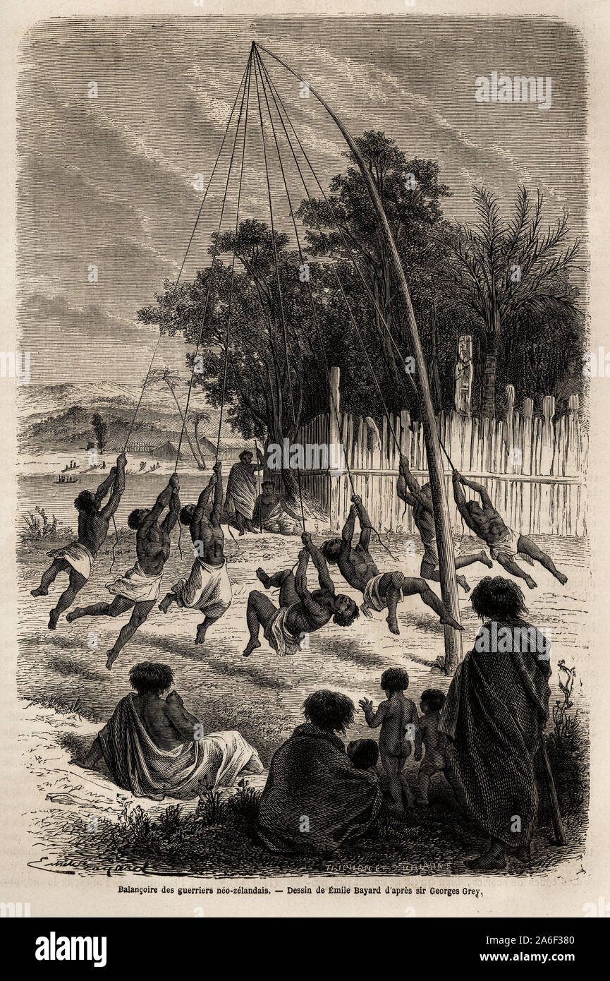 La balancoire des Guerriers neo-zelandais zelandais (neo) dans l'isthme d'Auckland, dessin de Emile Bayard (1837-1891), illustrer pour le Voyage en Stockfoto