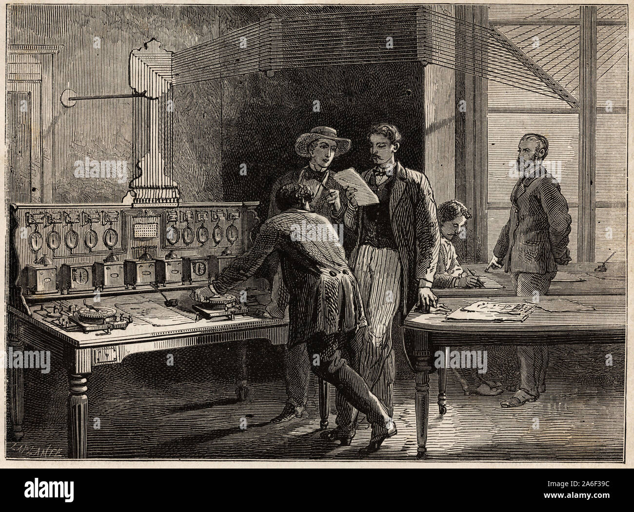 Le Poste zentrale du Telegraphe de l'usine du Creusot. Tiefdruck illustrer pour un Voyage au Creusot et dans les Mines de Saone-et-Loire, en 1865 par L. Stockfoto
