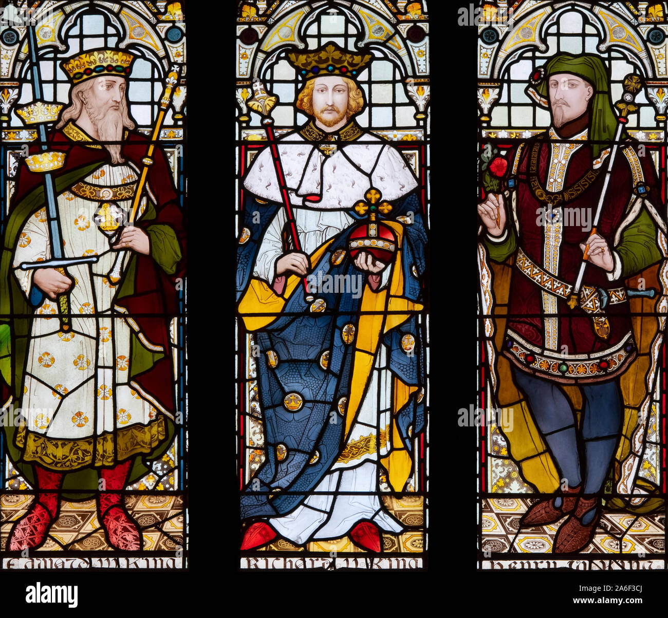 Englisch 14. Jahrhundert Monarchen von Heaton, Butler und Bayne, Rochdale Rathaus, Greater Manchester, UK dargestellt Stockfoto