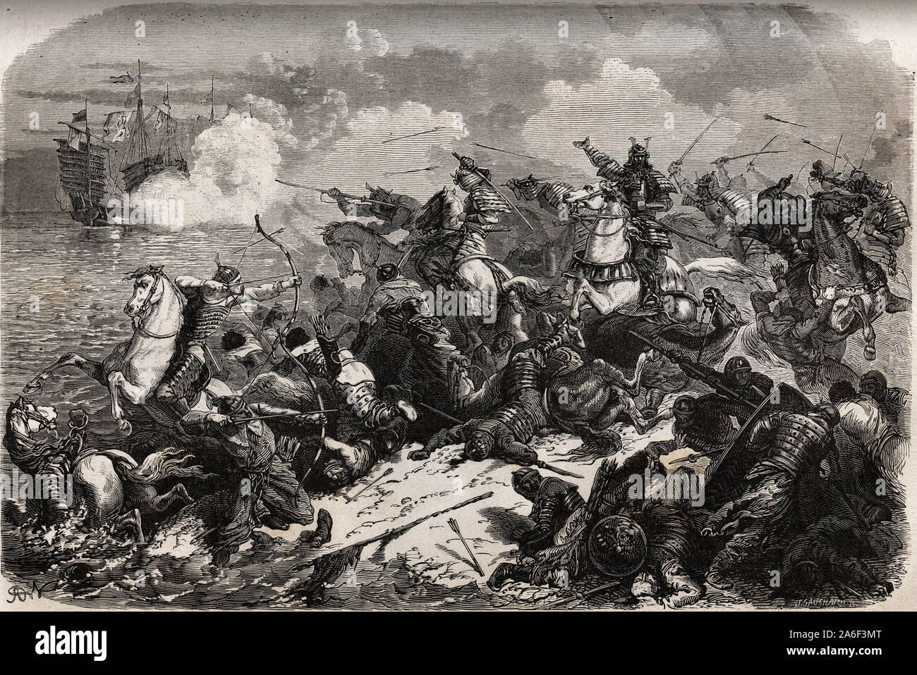 Yori Omo et une Armee de samourai repoussent l'Invasion der Mongolen, en 1274 par menee Qubilai (Kubilai Khan, Premier empereur de la Dynastie mongole Stockfoto