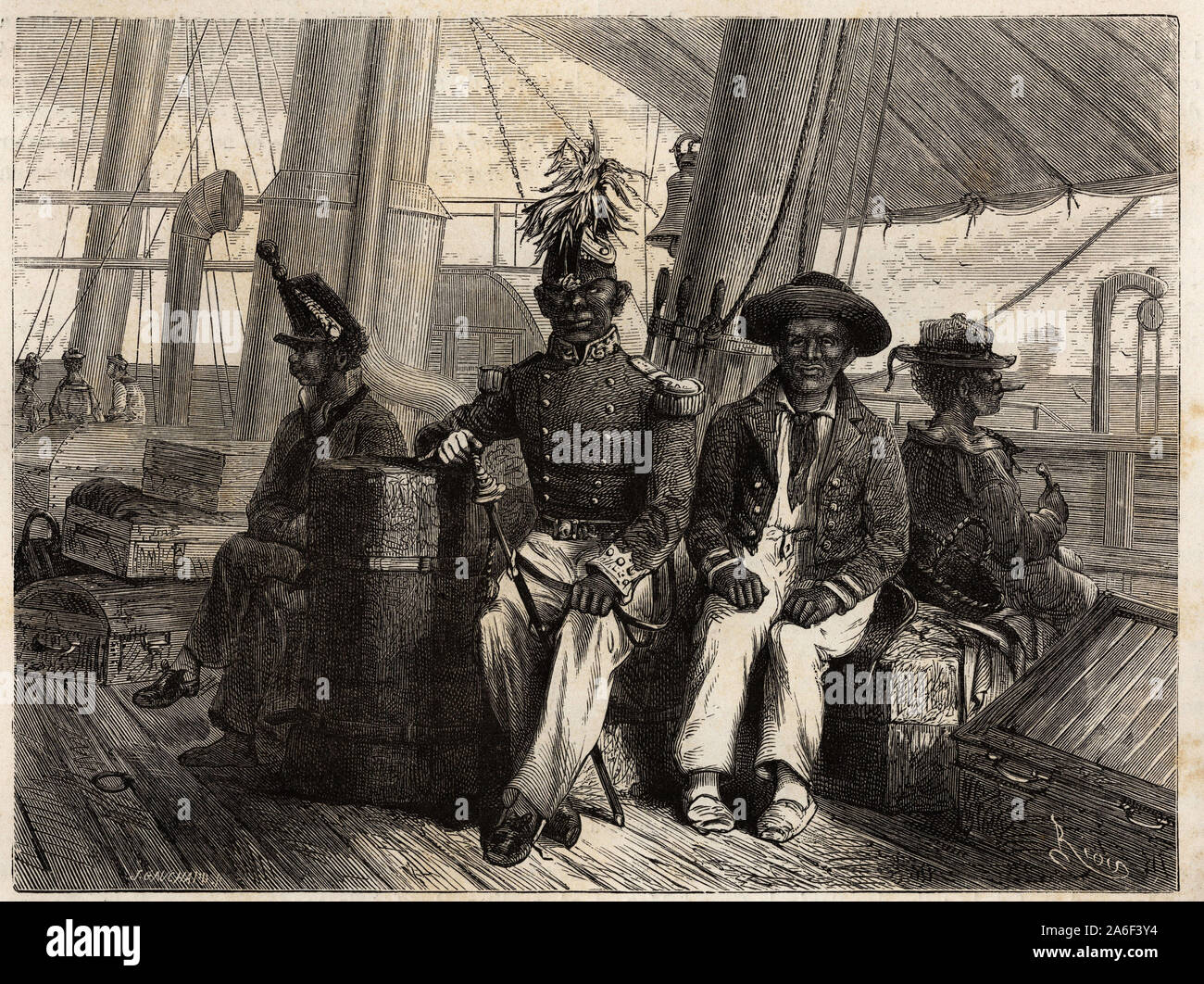 Adam, le Roi de Bonis et ses ministres, en Grande tenue, sur le Pont de L'Alecton, bateau a Vapeur du narrateur, qui les Transporte de Cayenne ein Maro Stockfoto