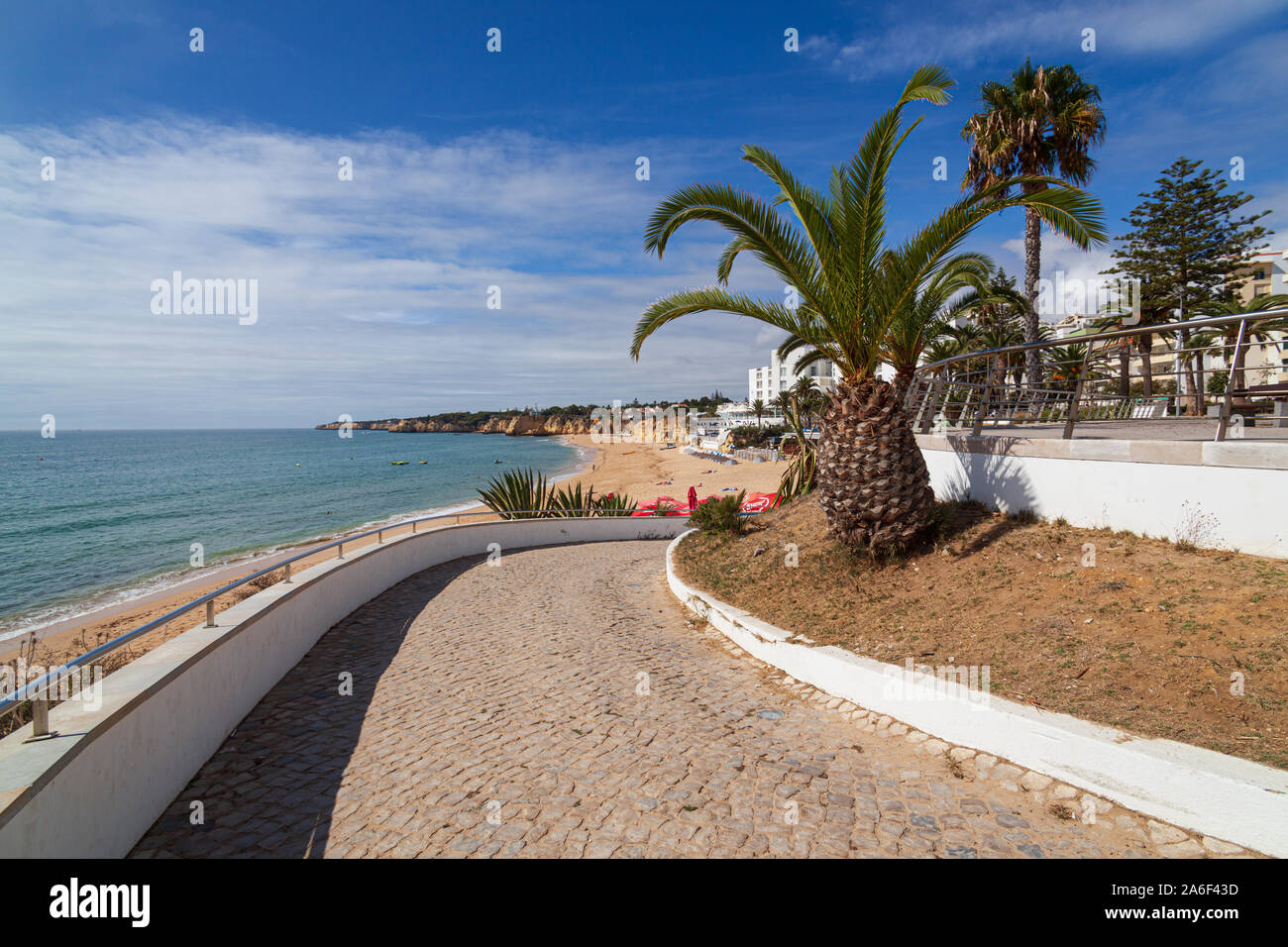 Armacao de Pêra Promenade zum Strand portugal Palm Tree Stockfoto