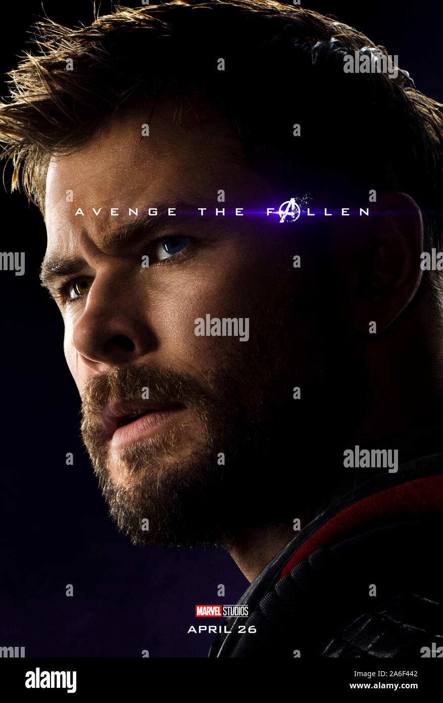 Charakter voraus Plakat für Avengers: Endgame (2019) unter der Regie von Anthony und Joe Russo starring Chris Hemsworth wie Thor. Der epische Abschluss und 22 Film in der Marvel filmischen Universums. Stockfoto