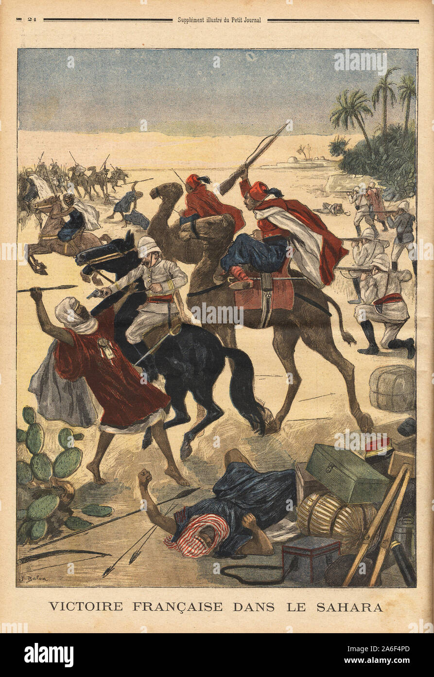 Victoire francaise au Sahara, Szene de combat dans le Desert entre l'Armee et les Touareg rebelles, avant la Prise d'In Salah, Mitte nevralgique de Stockfoto