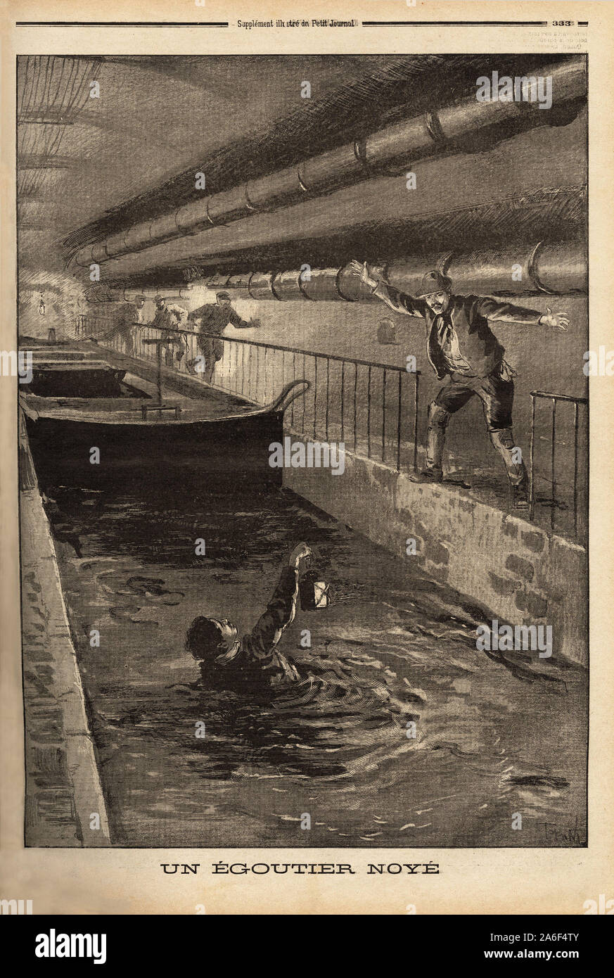 Un-egoutier de Paris se noie en nettoyant une Ableitung fangeuse. Tiefdruck in "Le Petit Journal" 15/09/1899. Stockfoto