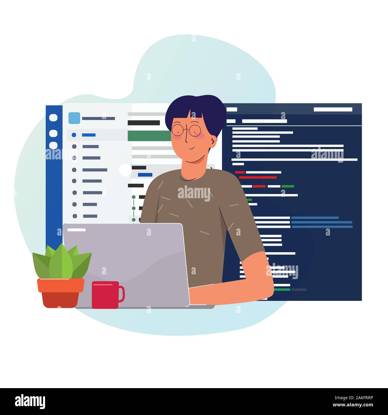Programmierer arbeiten Schreiben von Code auf Laptop mit Zeile Code Programmiersprache auf dem Bildschirm. Web Entwickler, die Versionsverwaltung. Stock Vektor