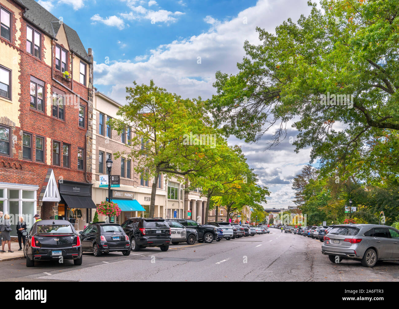 Greenwich Avenue in der Innenstadt von Greenwich, Connecticut, USA Stockfoto