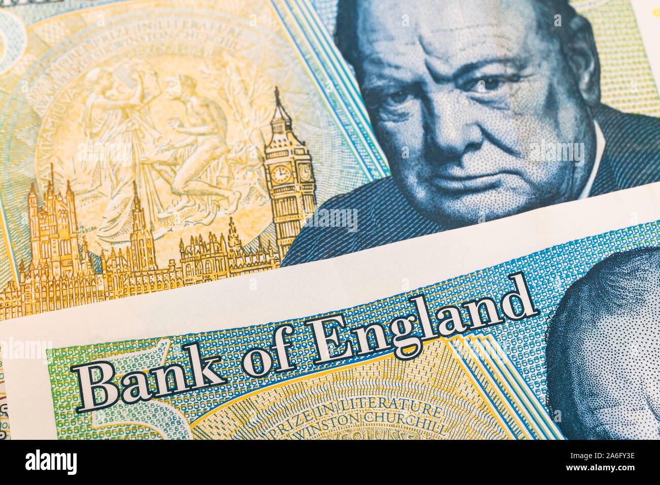 Portrait von Sir Winston Churchill auf der Bank von England, fünf Pfund Hinweis, Studio, Komposition, Quebec, Kanada Stockfoto