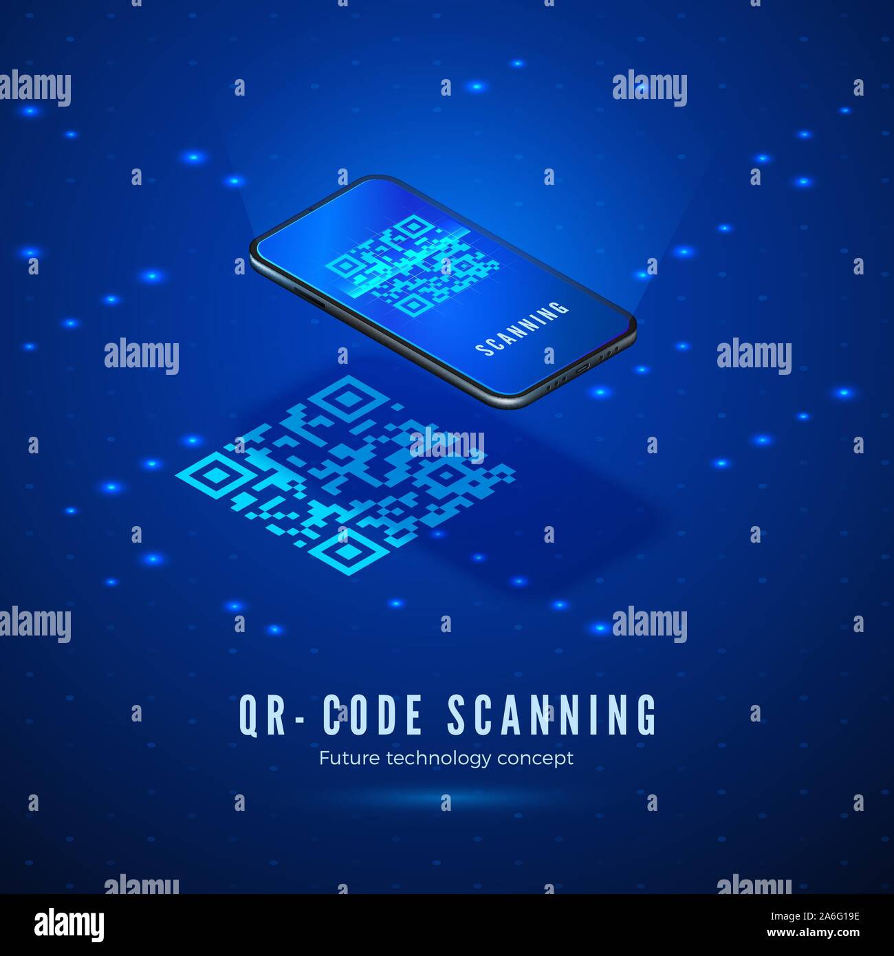 QR-Code isometrische Konzept zu scannen. Mobiltelefon mit Scannen digitale Barcode auf dem Bildschirm. Technologie Hintergrund in blauen Farben. Vektor Stock Vektor