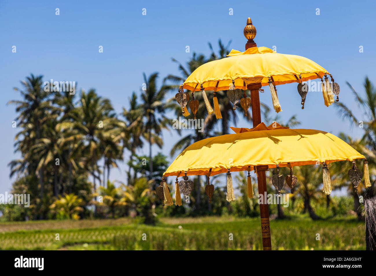 Gelbe zeremoniellen Regenschirm oder Sonnenschirm, Ubud, Bali, Indonesien, Südostasien, Asien Stockfoto