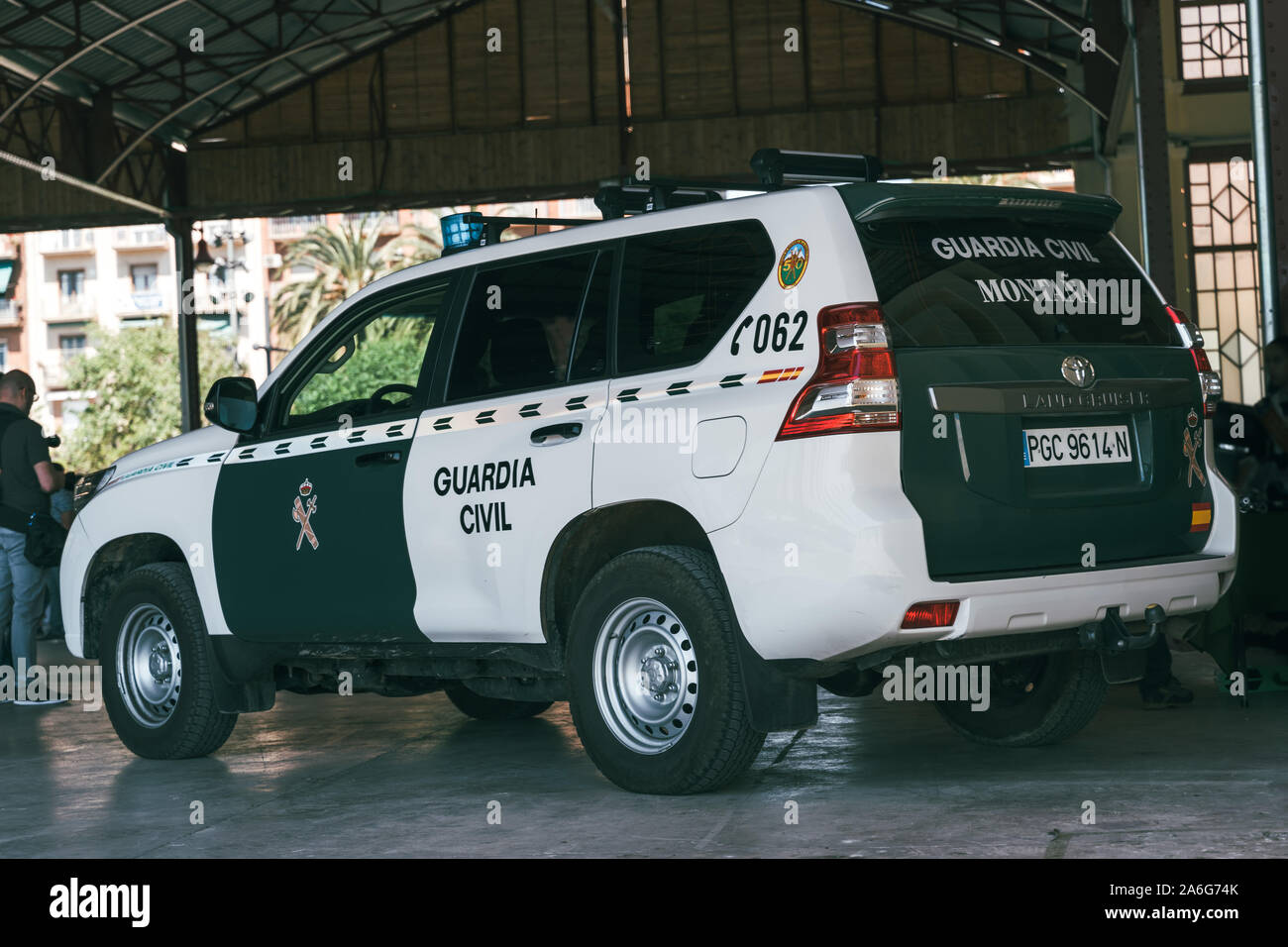 Valencia, Spanien - 5. Mai 2019: Close-up Detail des Logos und Markierungen auf den Van der spanischen Guardia Civil Bei einer Routinepatroullie geparkt. Securit Stockfoto