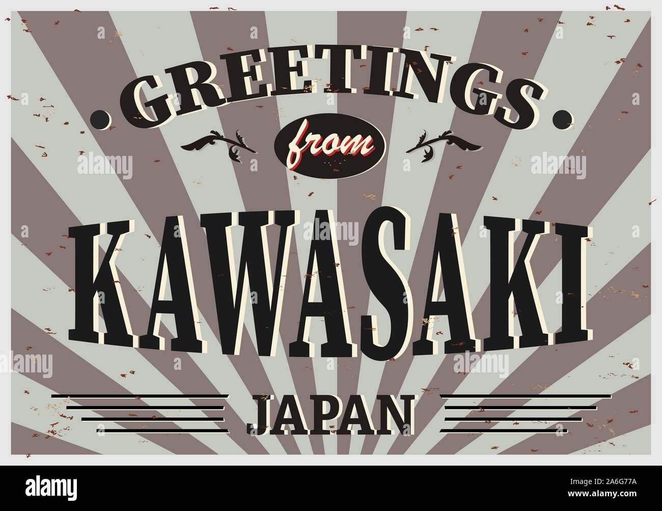 Kawasaki Japan Retro Tin Sign Vintage Vektor souvenir anmelden oder Postkarte vorlagen. Reisen. Stock Vektor