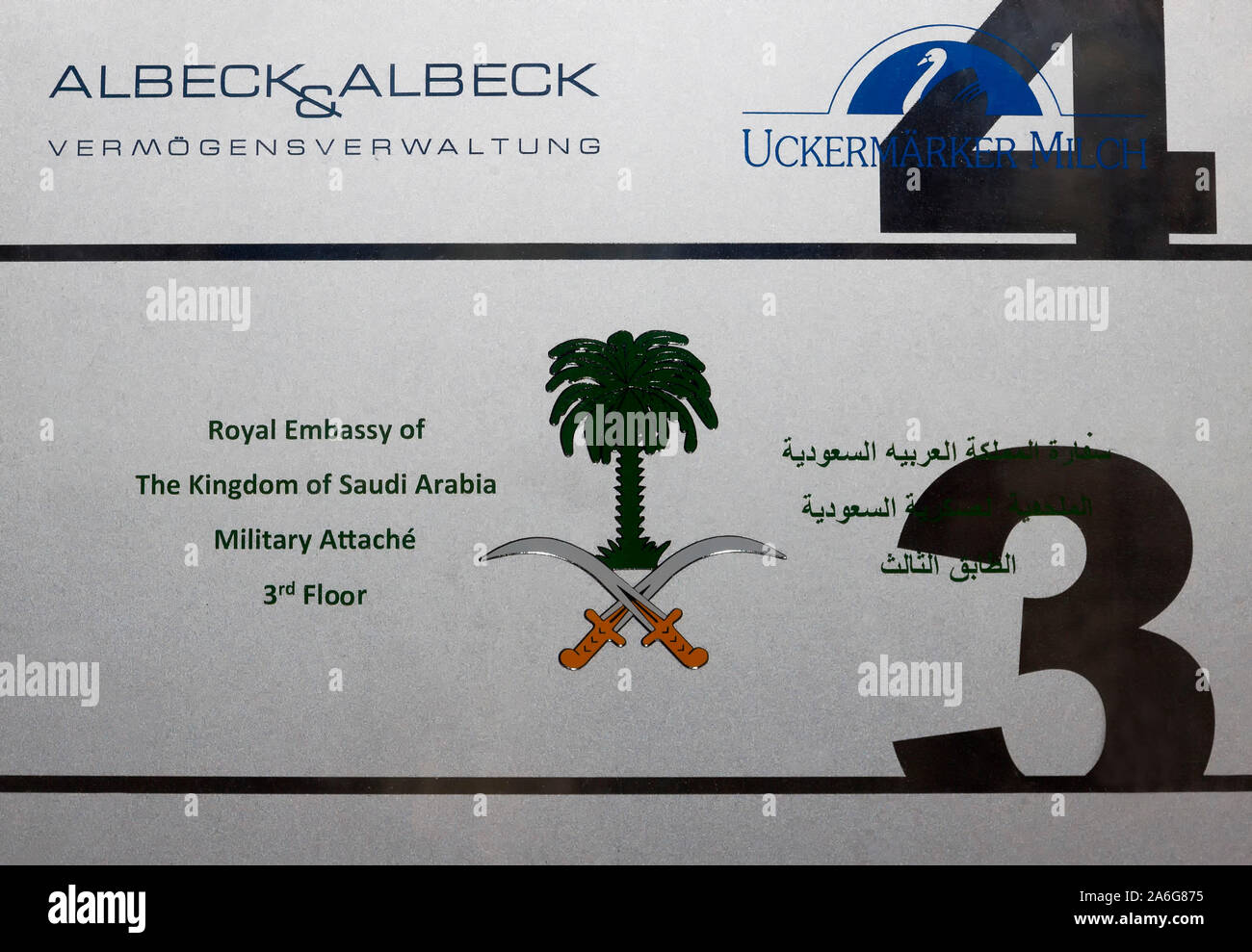 Zeichen, Königliche Botschaft des Königreichs Saudi-Arabien, Militärattaché, Berlin Stockfoto