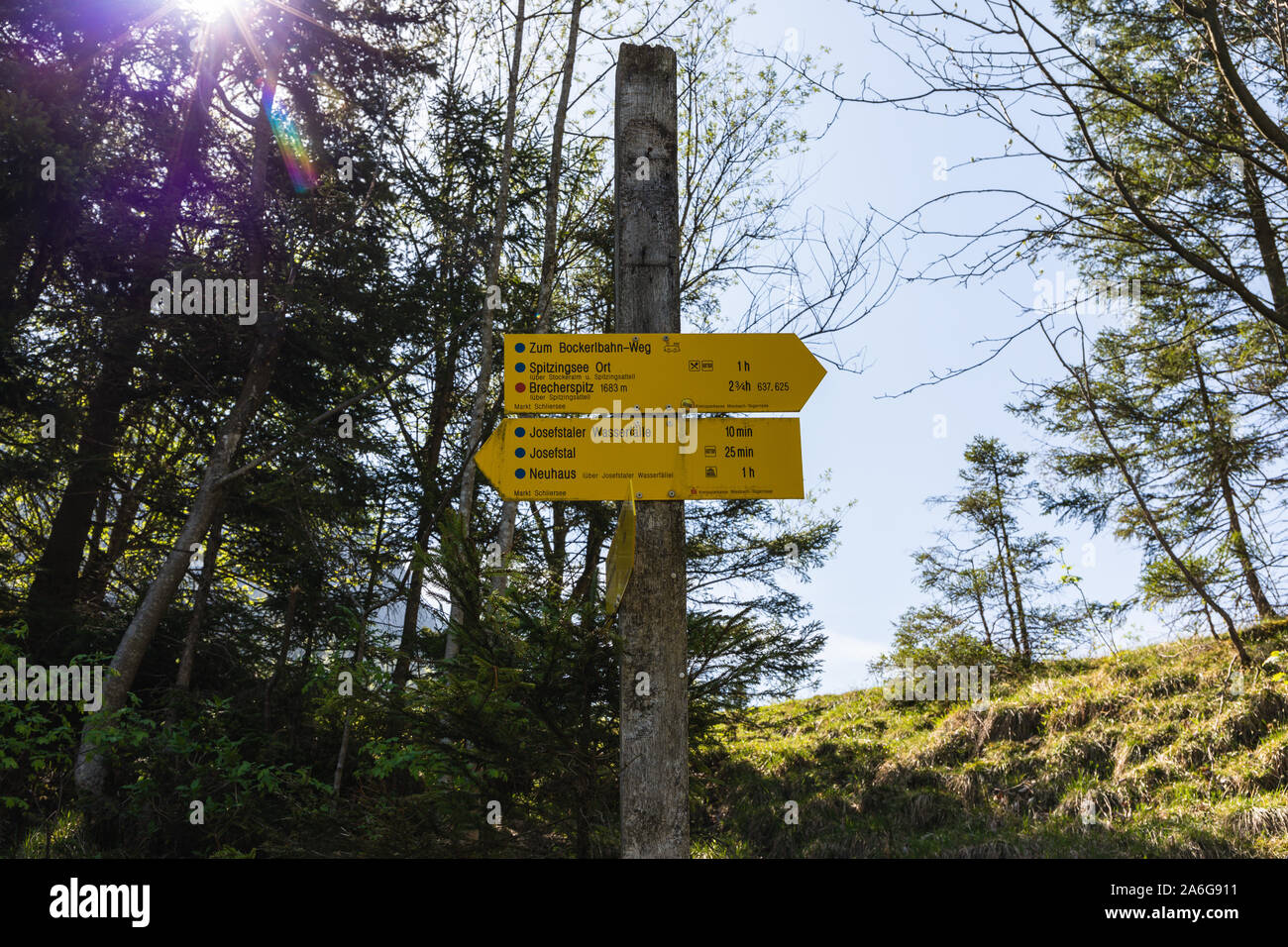 Wegweiser für Wanderer in einem deutschen Wald Stockfoto