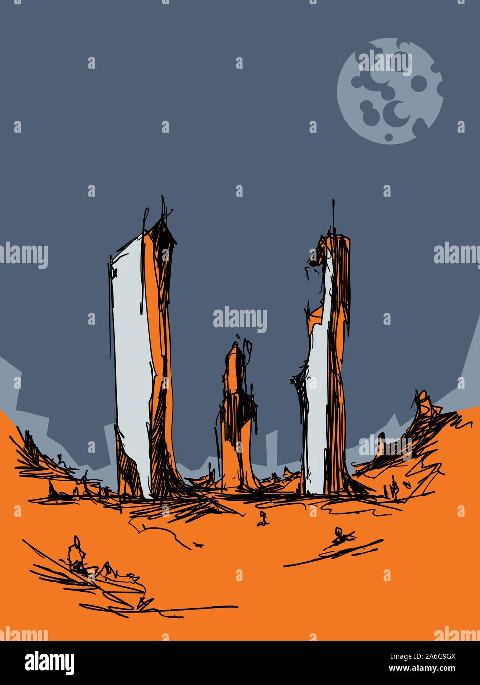 Sketchy Abbildung: fantastische Landschaft mit futuristischer Architektur und Mond im Himmel Stock Vektor