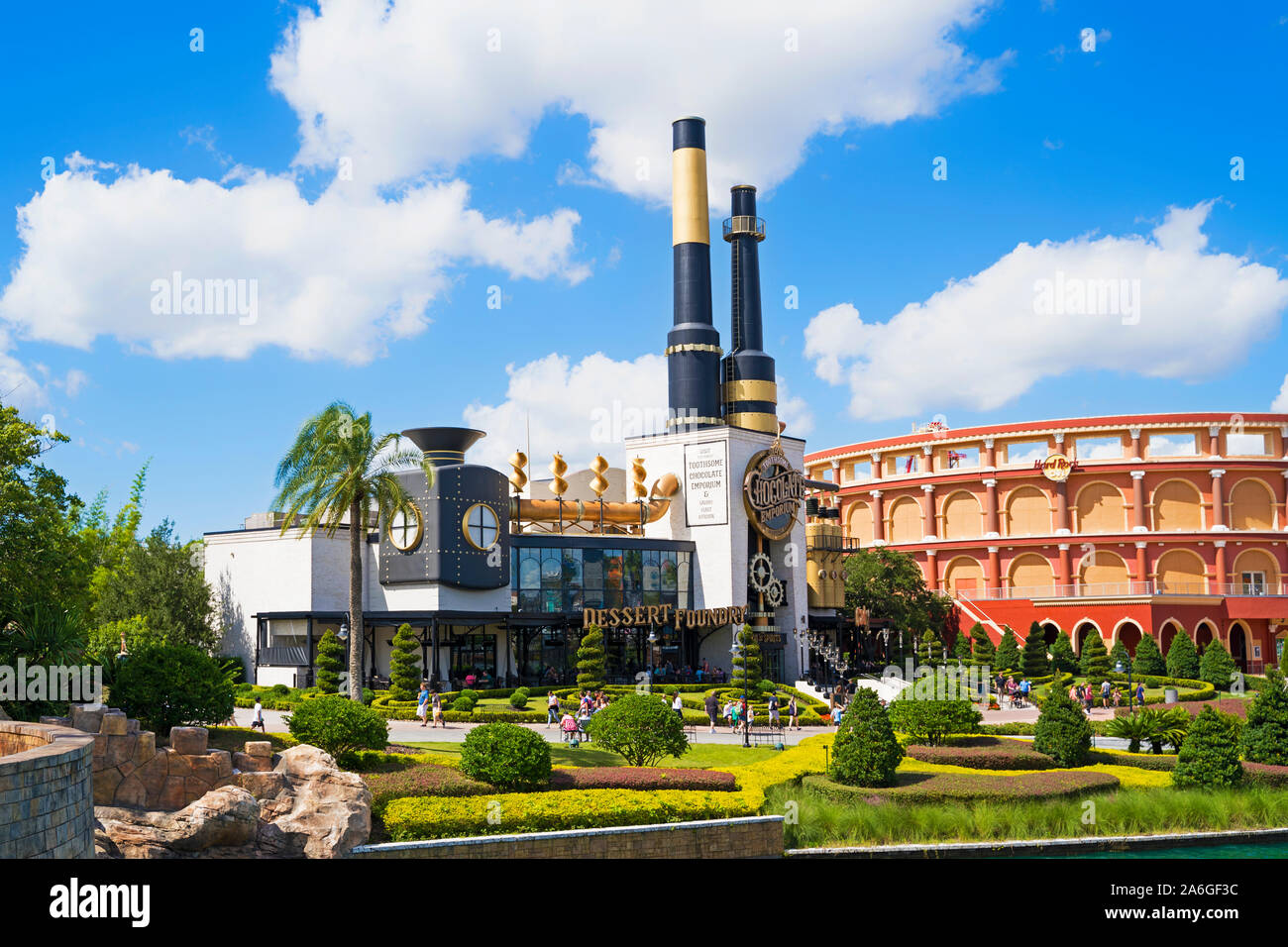 Die Schmackhaften Schokolade Emporium & herzhaften Mahl Küche und Hard Rock Cafe, Universal Studios Resort, Orlando, Florida, USA Stockfoto