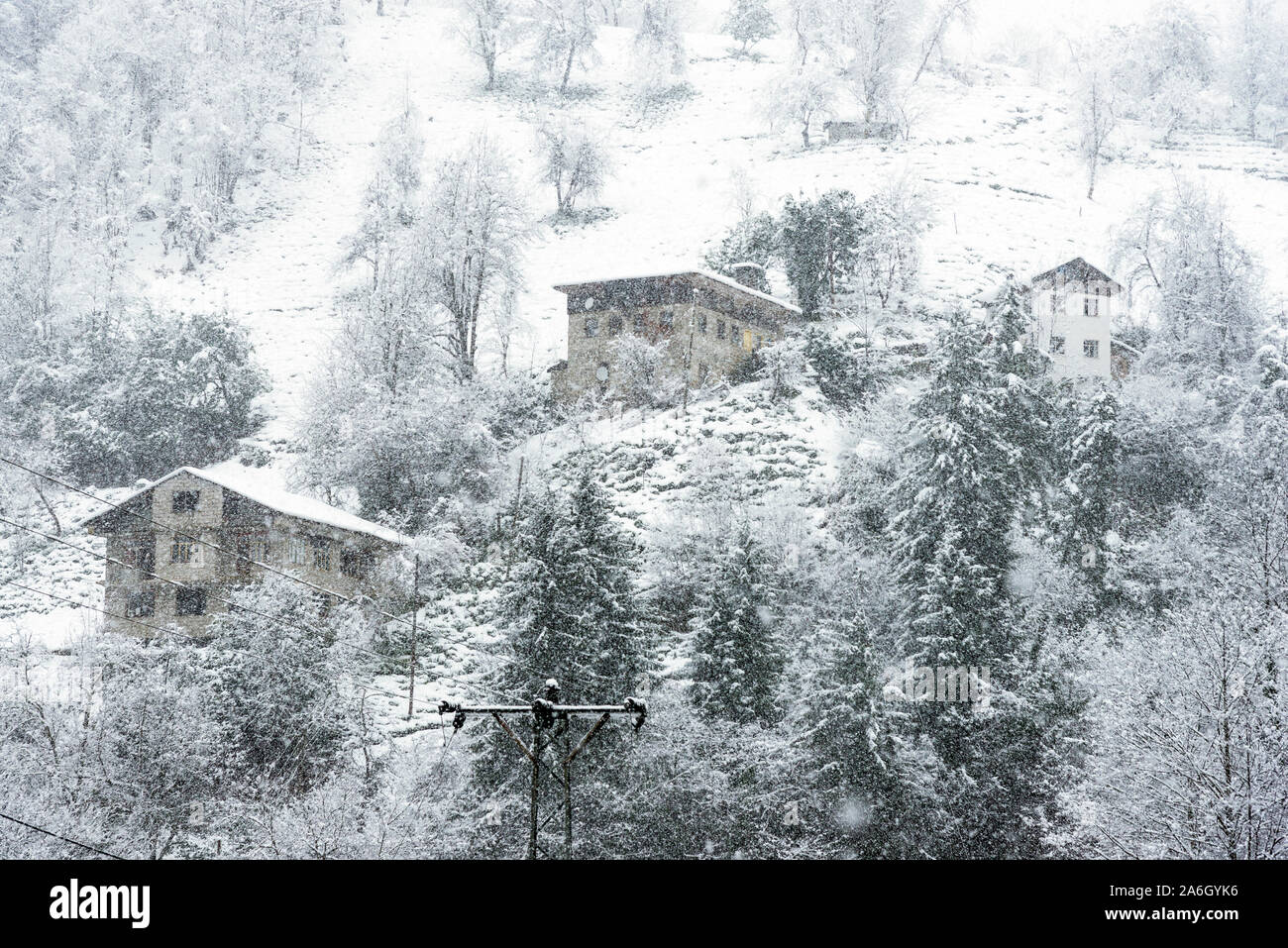 Häuser unter Blizzard im Winter. Camlihemsin Rize Türkei. Stockfoto
