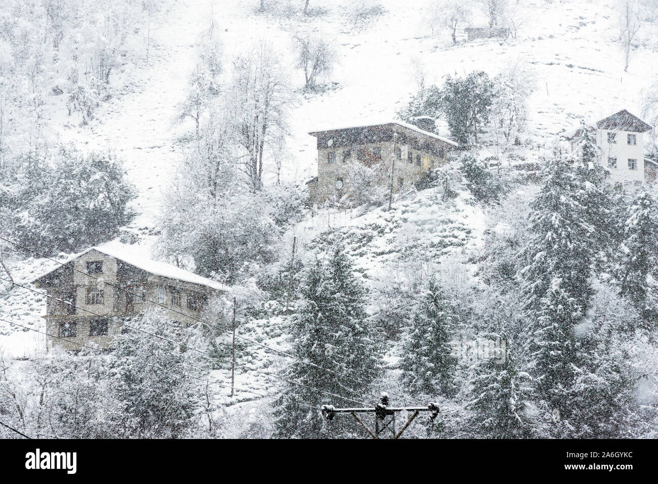 Häuser unter Blizzard im Winter. Camlihemsin Rize Türkei. Stockfoto