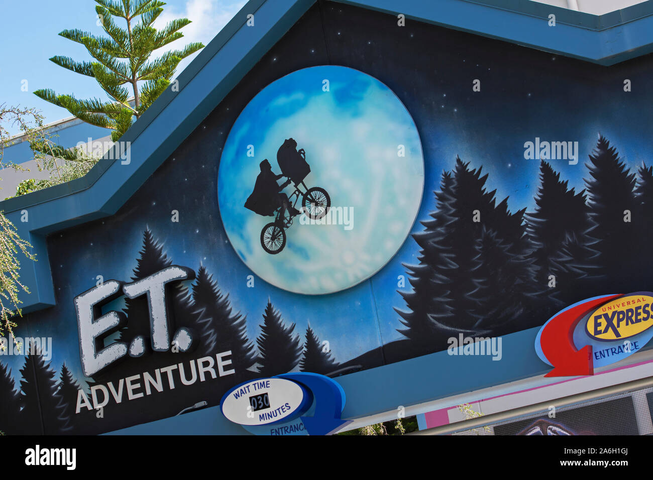 E.T. Abenteuer Fahrt, Eintritt Zeichen Außen, Logo, Universal Studios Resort, Orlando, Florida, USA Stockfoto