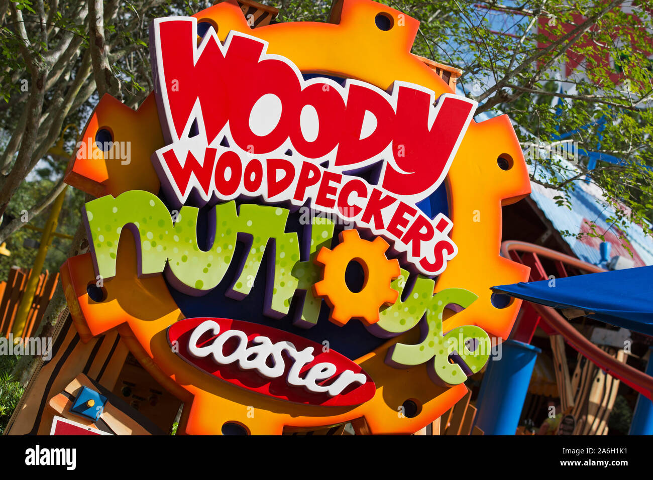 Die Woody Woodpecker Nuthouse Coaster, Achterbahn, Zugang, Universal Studios Resort, Orlando, Florida, USA Stockfoto
