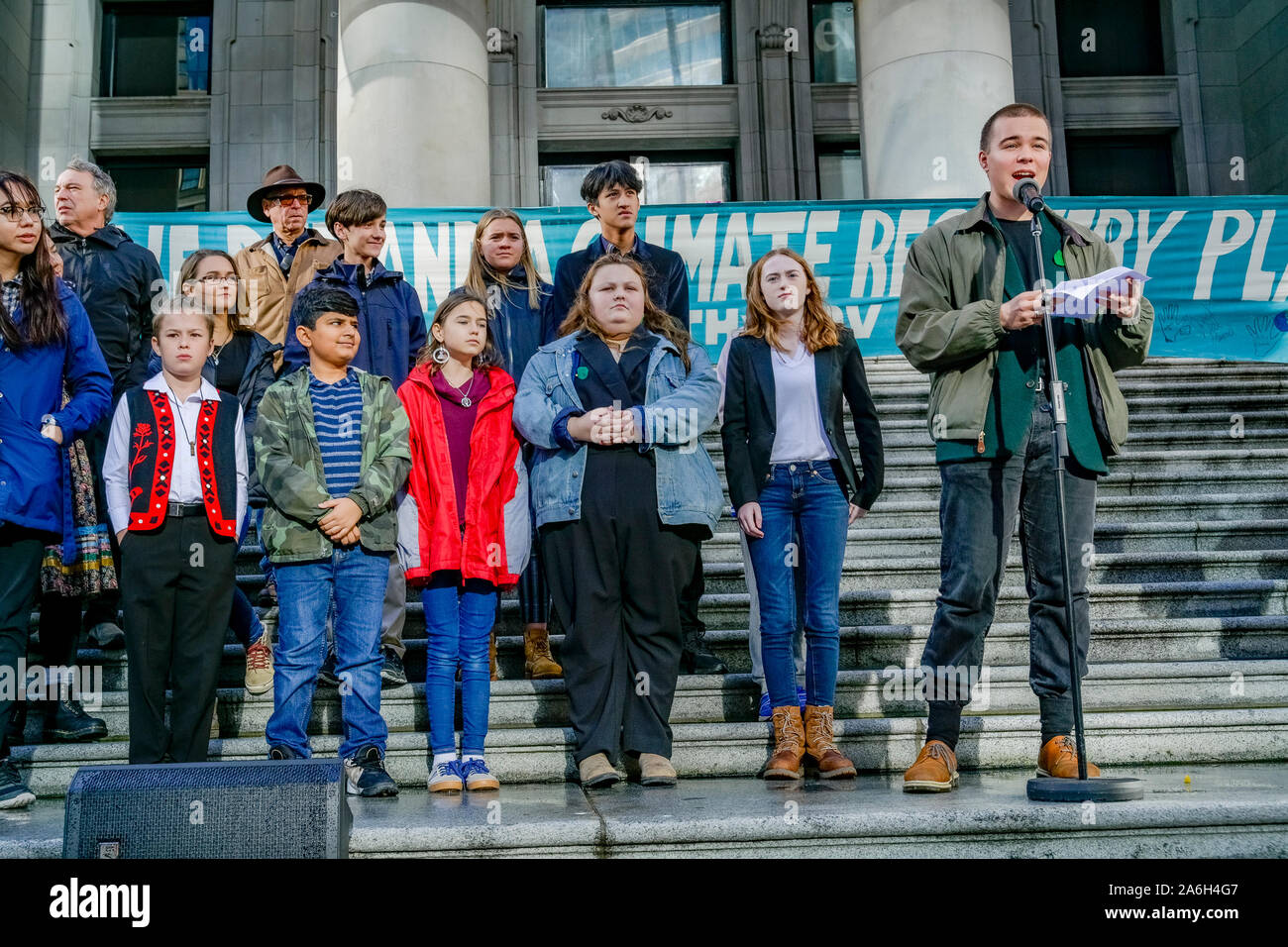 Kanadische Jugend Datei charter Klage gegen die Bundesregierung für das Beitragen zu den gefährlichen Klimawandel, Vancouver, British Columbia, Kanada Stockfoto