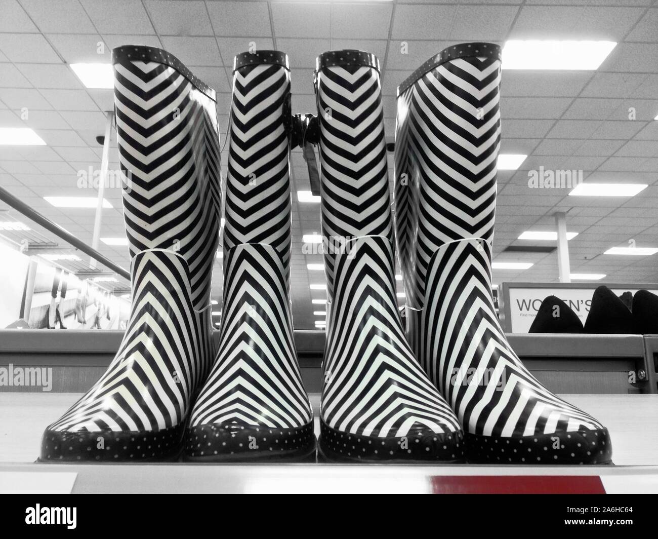 Eine Reihe von vier identischen rainboots, Schwarz und Weiß Zebra-striped, auf einem Regal im Einzelhandel Stockfoto
