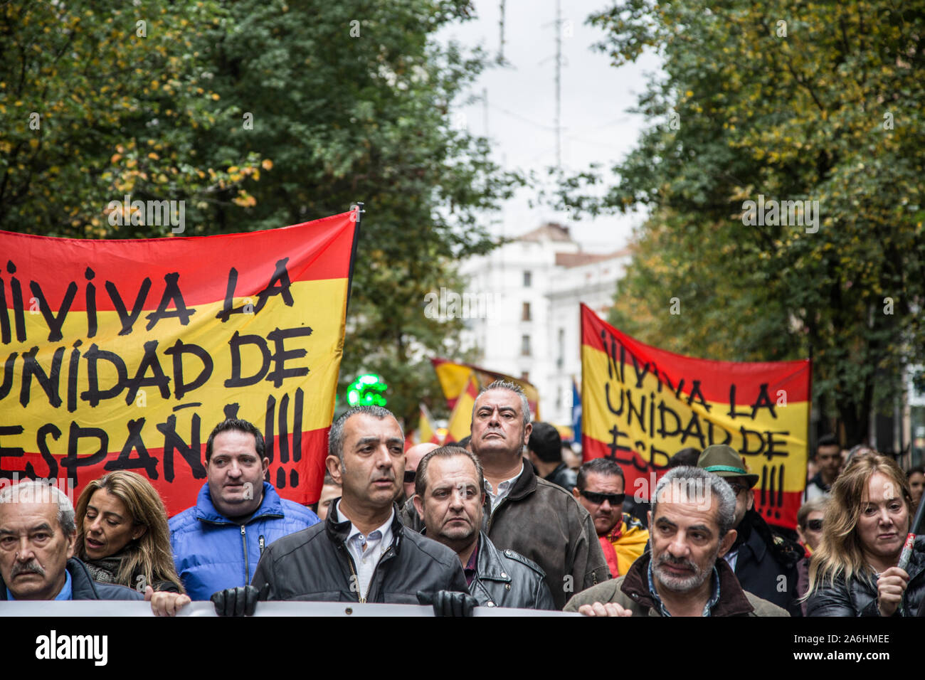 Masse der faschistischen und pro Franco Unterstützer mit Banner marschieren während der Rallye. Jeden November 20th, Hunderte von Franco Regimes unterstützer März bei einer Rallye zu Feiern zu Ehren der Tod des Diktators (am 20. November, 1975). Während der Rallye, drei FEMEN Aktivisten irrupted verlangt, dass faschistische Demonstrationen in Spanien legalisiert werden sollte. Sie wurden angegriffen durch Demonstranten und ein Mann wurde festgenommen. Stockfoto