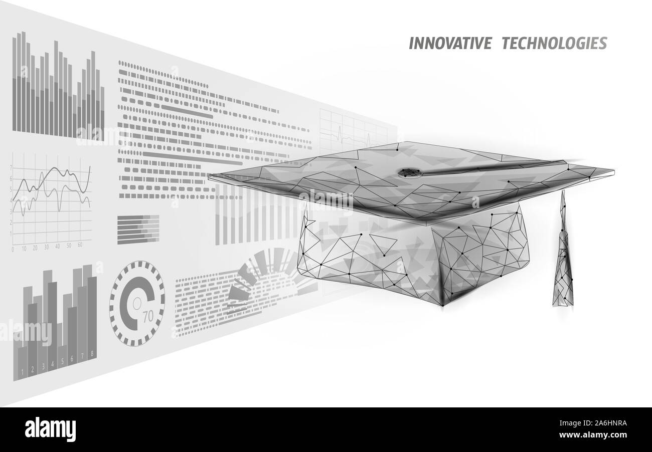 E-Learning-Fernstudium Zertifikat Programm Konzept. Low Poly 3D Rendering Graduation Cap HUD Graph Growth Banner-Vorlage. Internet-Bildung Stock Vektor