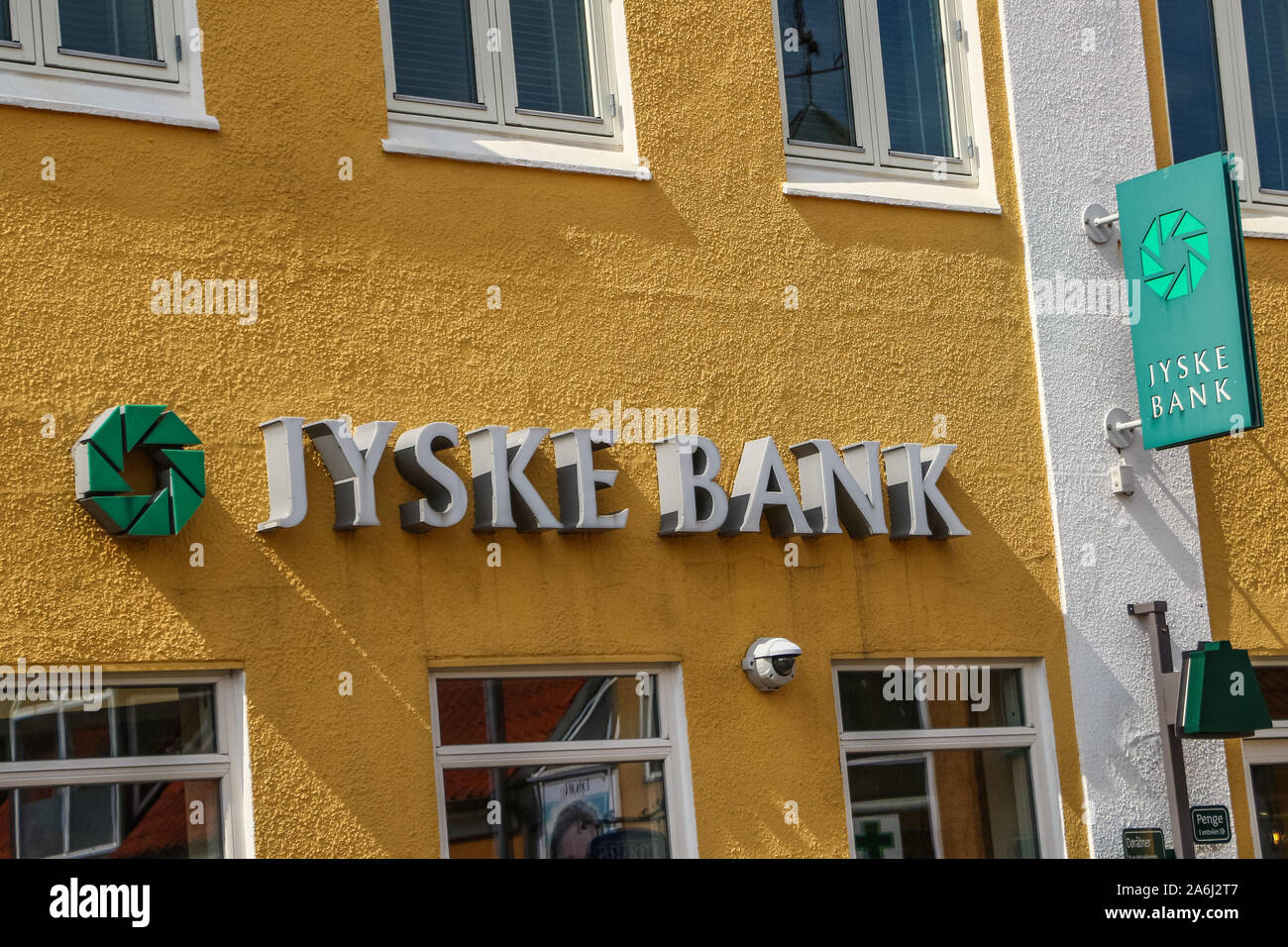 Jyske Bank ist in Skagen, Dänemark am 28. Juli 2019 Skagen ist die nördlichste Stadt Dänemarks, an der Ostküste der Halbinsel Skagen Odde ganz im Norden von Jütland. © Michal Fludra/Alamy leben Nachrichten Stockfoto