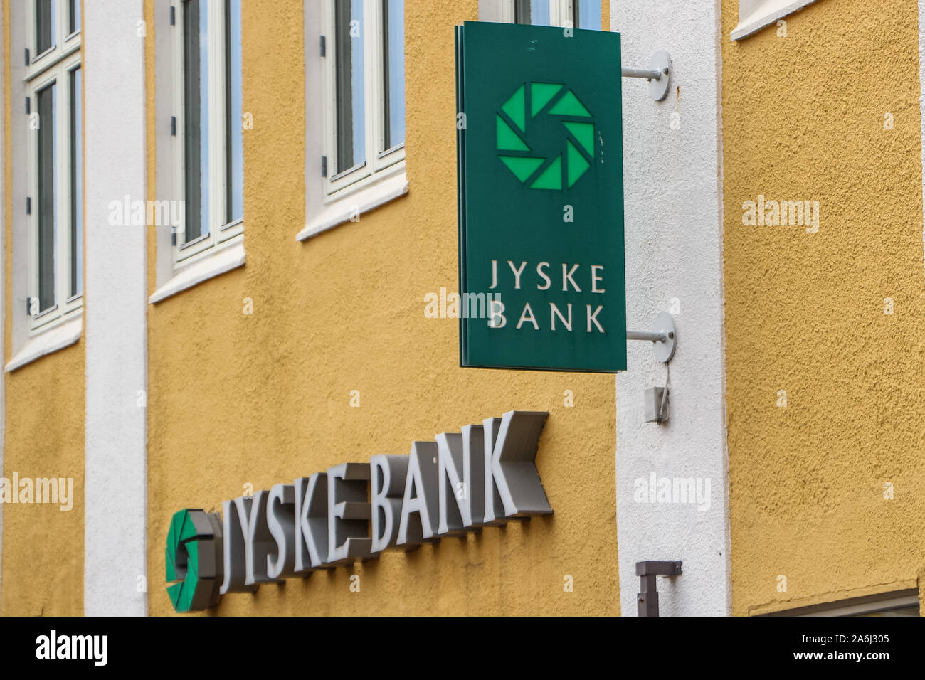 Jyske Bank ist in Skagen, Dänemark am 28. Juli 2019 Skagen ist die nördlichste Stadt Dänemarks, an der Ostküste der Halbinsel Skagen Odde ganz im Norden von Jütland. © Michal Fludra/Alamy leben Nachrichten Stockfoto