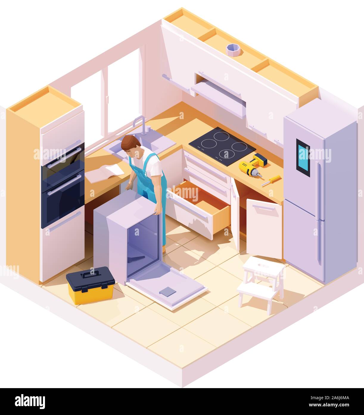 Vektor isometrische Techniker Reparatur Spülmaschine Stock Vektor