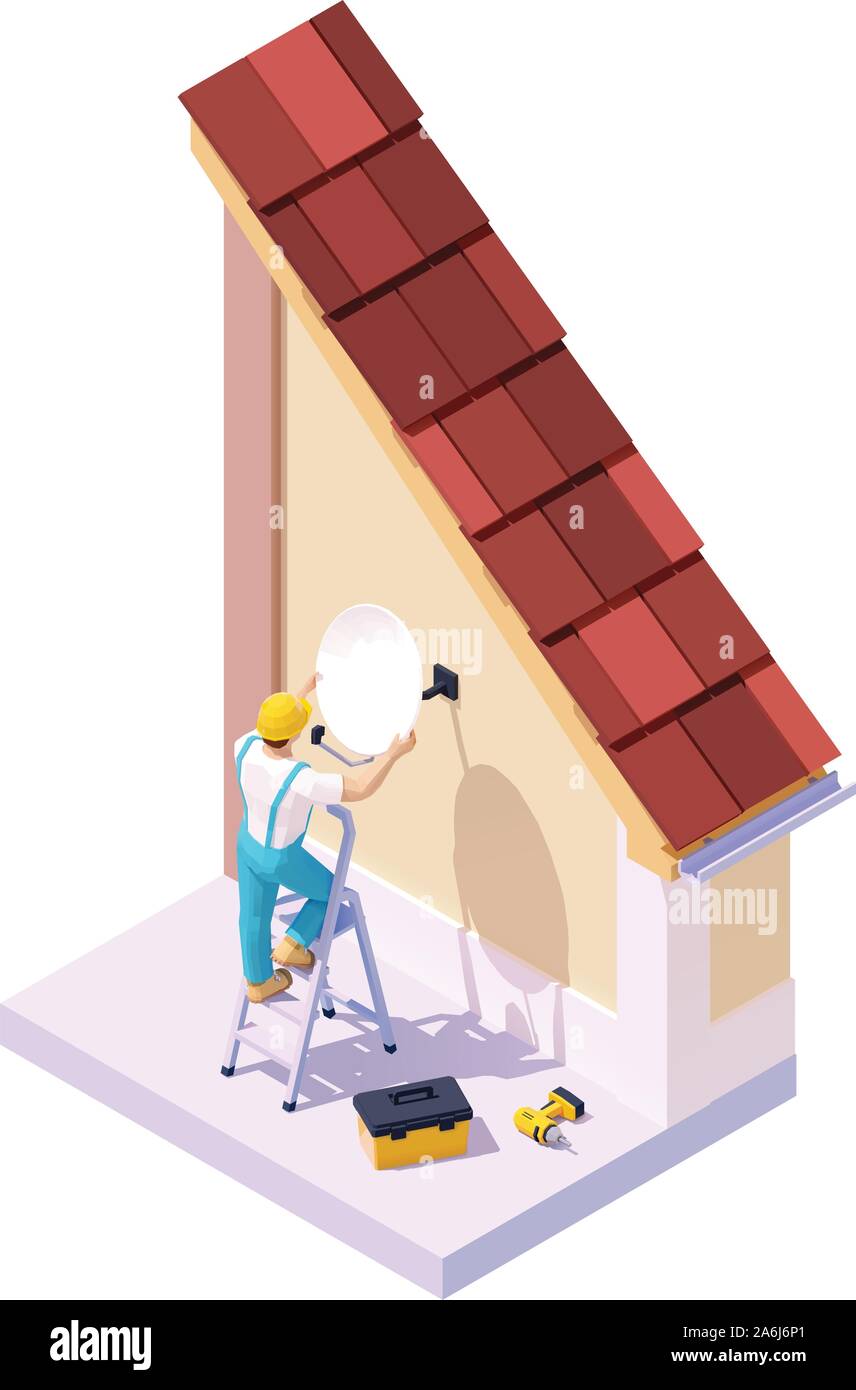 Vektor isometrische Mann tv Satellitenschüssel installieren Stock Vektor