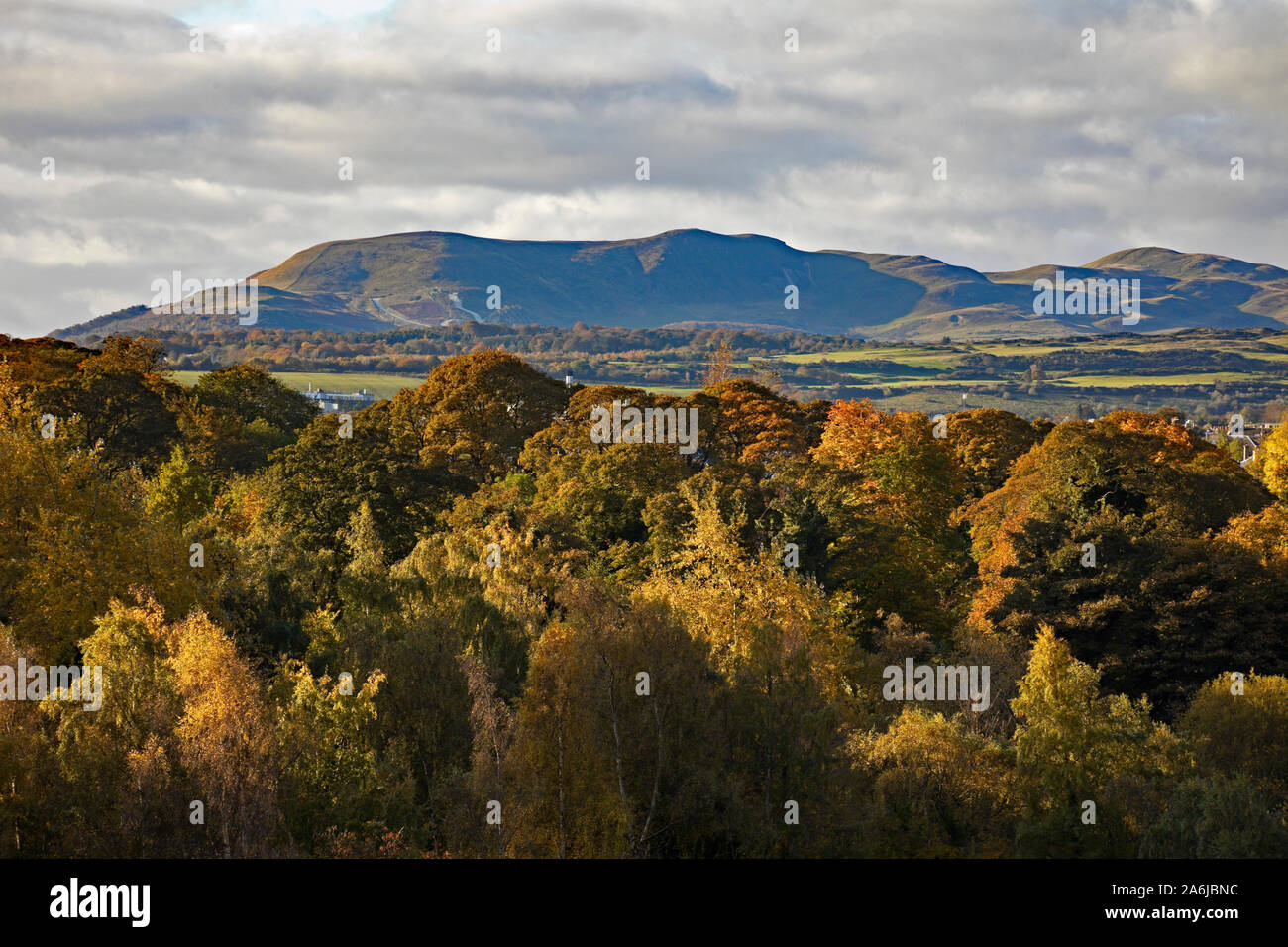 Pentland Hügel im Hintergrund mit herbstlichen Laub an den Bäumen im Vordergrund, Edinburgh, Schottland, Großbritannien Stockfoto