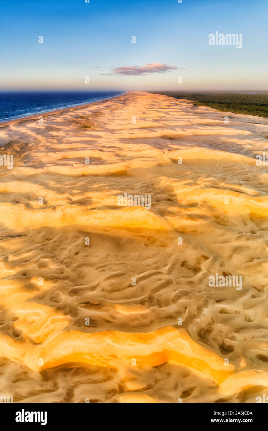 Lange breite Sanddünen von Stockton Strand auf der Australischen Pazifikküste in Antenne vertikale Panorama bei Sonnenaufgang von der Beschaffenheit der Wind in den Dünen zu Blue s Stockfoto