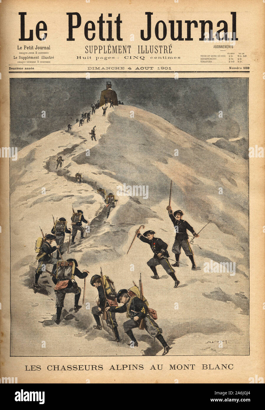 Une Compagnie de Chasseurs alpins fait l'Ascension du Mont Blanc. Tiefdruck in "Le Petit Journal" 4/8/1901. Stockfoto Une Compagnie de Chasseurs alpins fait l'Ascension du Mont Blanc. Tiefdruck in "Le Petit Journal" 4/8/1901. Stockfoto