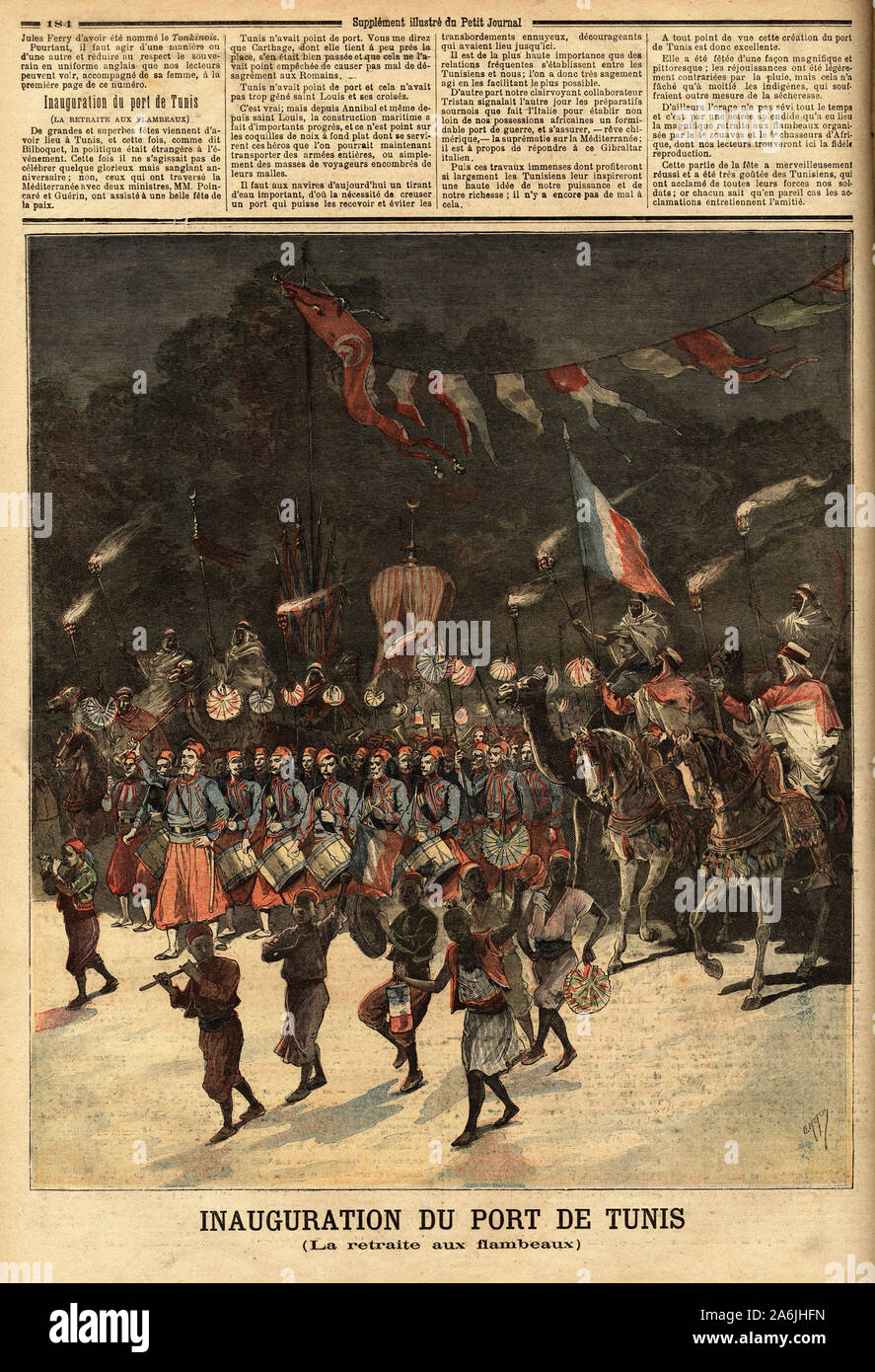 Einweihung du Port de Tunis, en Präsenz des Ministres francais Raymond Poincaré (1860-1934) et Eugene Guerin (1849-1929). Tiefdruck in "Le petit Jou Stockfoto