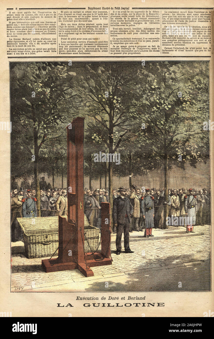 La Guillotine, Maschine de Enthauptung, montee pour une Ausführung en place publique, Devant la Prison de la Roquette, dans la rue de la Croix faubin ein Stockfoto