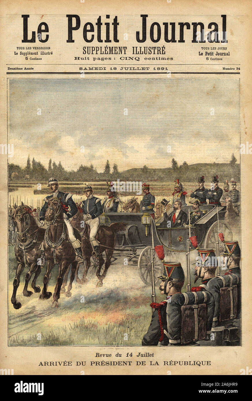 L'arrivee du Président de la République francaise Sadi Carnot (1837-1894), Sur la Plaine du Bois de Boulogne, a l'anlässlich de la Revue du 14 juillet 1. Stockfoto
