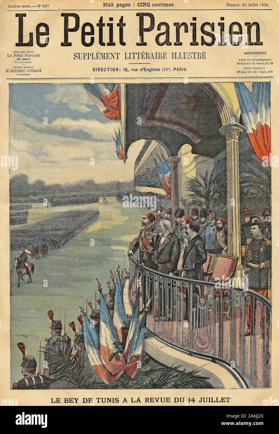 Visite du Bey de Tunis, Sidi Mohammed, au Präsident Loubet, a la Revue du 14 juillet ein Longchamp. Tiefdruck in "Le Petit Parisien', le 24/07/1904. Stockfoto