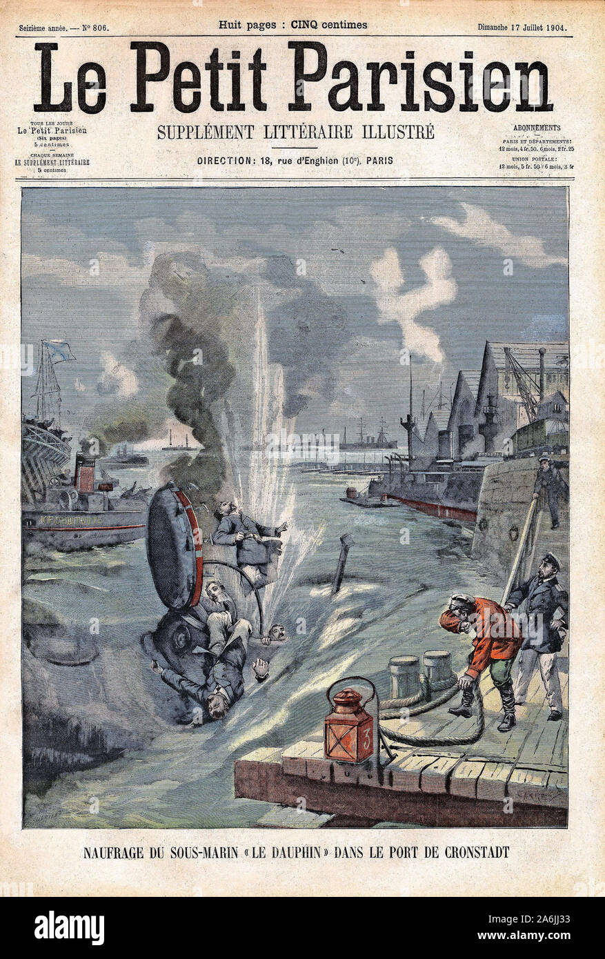 Explosion accidentelle du torpilleur Russe "Le Dauphin" dans le Port de Cronstadt ein Saint Petersbourg. Tiefdruck in "Le Petit Parisien', le 17/07/1904. Stockfoto
