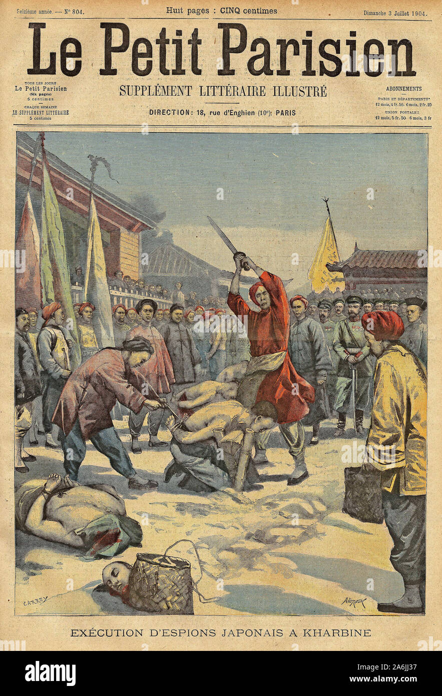 Guerre Russo japonaise (Russo-Japonaise): Des espions Japonais pris ein Kharbine (Harbin, China) sind führt par les Chinois, Verbündete des Russes. Grav Stockfoto