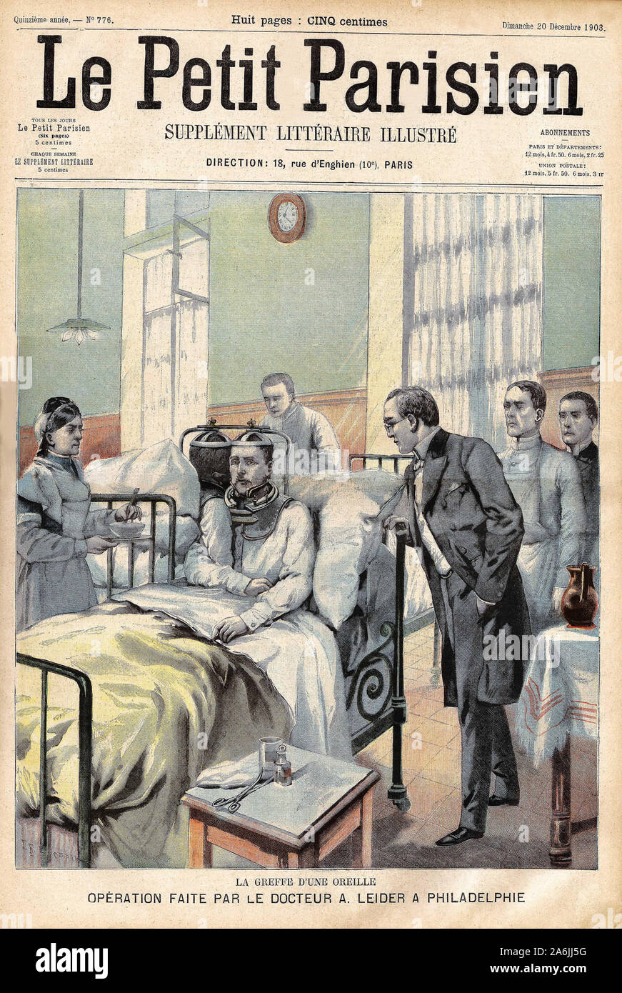 Greffe d'une Oreille sur un Patient par le docteur Winterfreuden à Philadelphie. Tiefdruck in "Le Petit Parisien', le 20/12/1903. Stockfoto