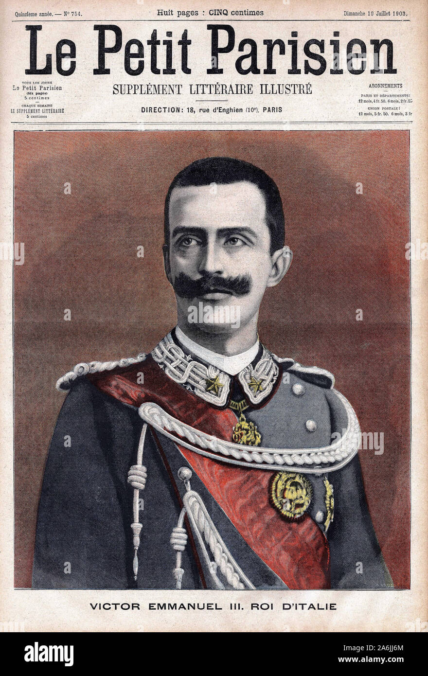 Portrait du roi Victor Emmanuel III. d'Italie (victor-emmanuel) (Vittorio Emanuele) (1869-1947). Tiefdruck in "Le Petit Parisien', le 19/07/1903. Stockfoto
