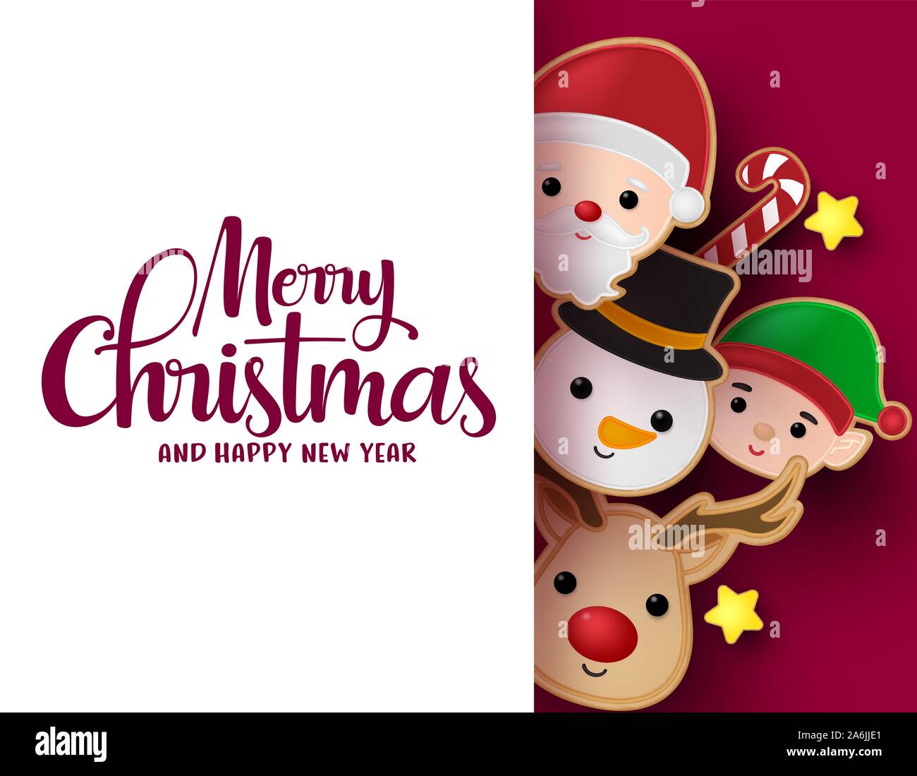 Weihnachten Grußkarte vector Hintergrund Vorlage. Frohe Weihnachten Typografie Text in leeren weißen Raum für Nachrichten mit Schneemann, Rentier, Weihnachtsmann. Stock Vektor