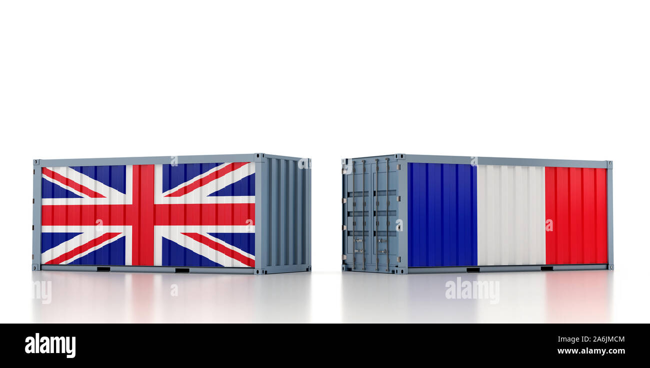 Zwei Frachtcontainer mit Großbritannien und Frankreich Flagge. 3D-Rendering Stockfoto
