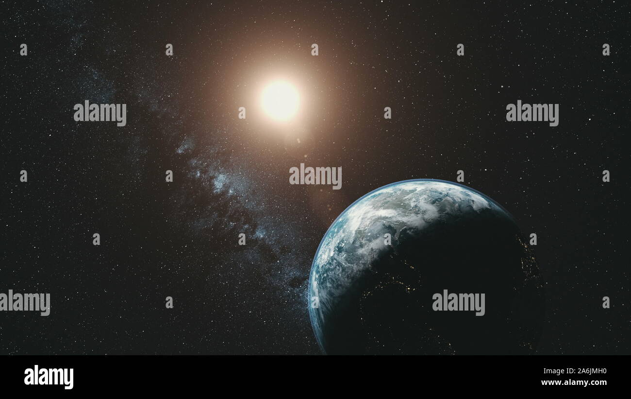 Die Erdumlaufbahn Rotation Sun Beam Milchstraße Hintergrund. Dunkle Weltraum Starry Galaxy Cosmos Konstellation Reisen Universum Erforschung Konzept 3D Animation Stockfoto