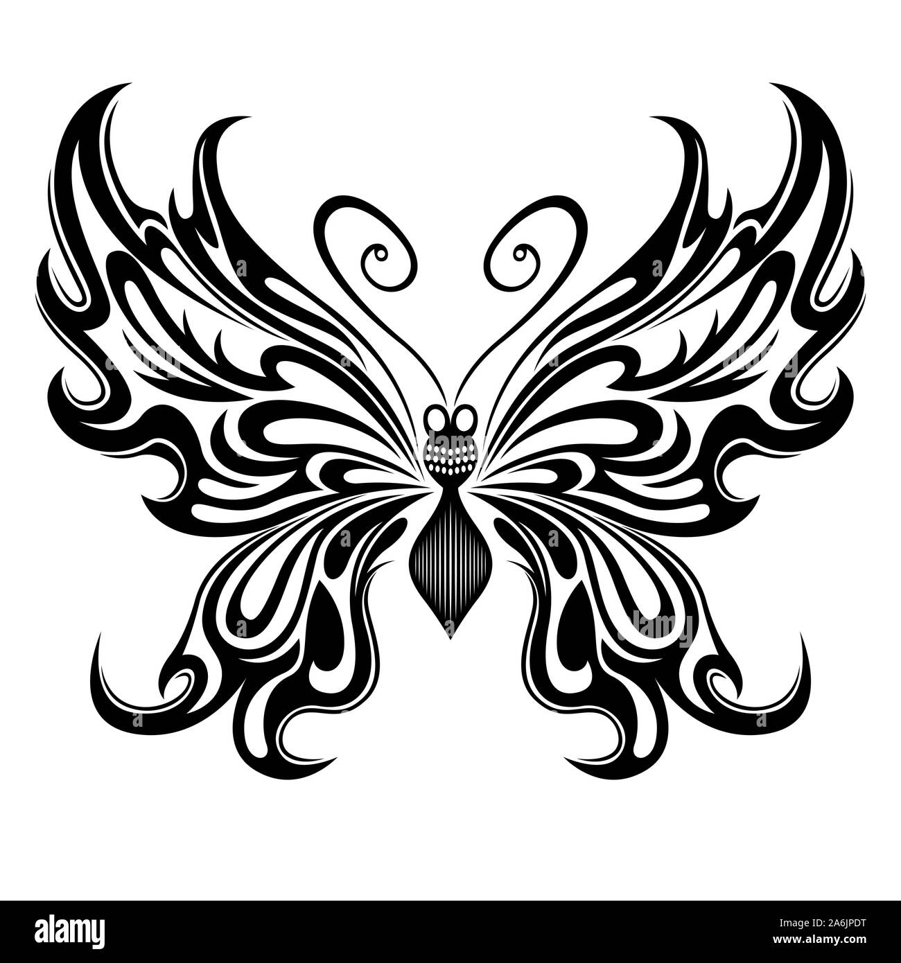 Schwarze Schablone ornament Wunderschöner Schmetterling auf weißem Hintergrund, hand Zeichnung Vector Illustration Stock Vektor