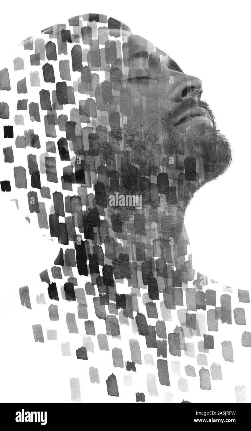 Paintography. Double Exposure Nahaufnahme portrait einer schweren männlichen Modell verschwinden hinter einem Vorhang handgefertigte Tinte Pinselstrichen die Larg ähneln Stockfoto