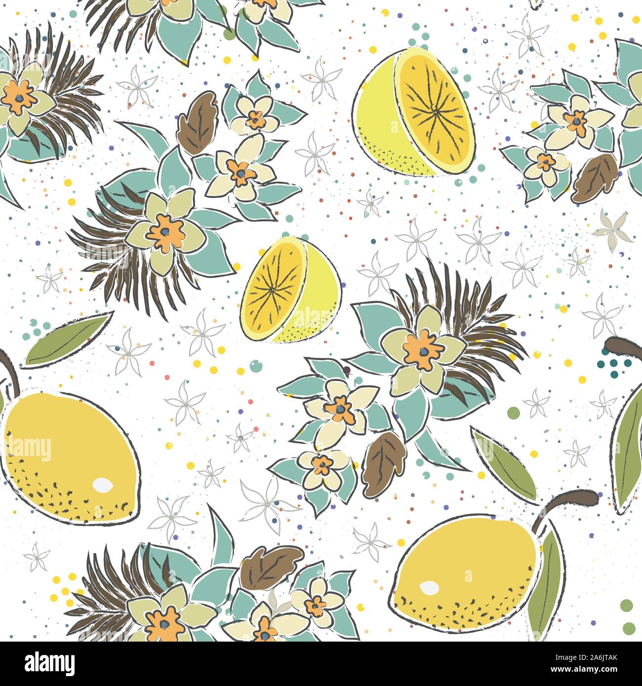 Cute nahtlose Muster mit Zitronen und Blumen. Skandinavischer Hand gezeichneten Stil. Vector Illustration Stock Vektor