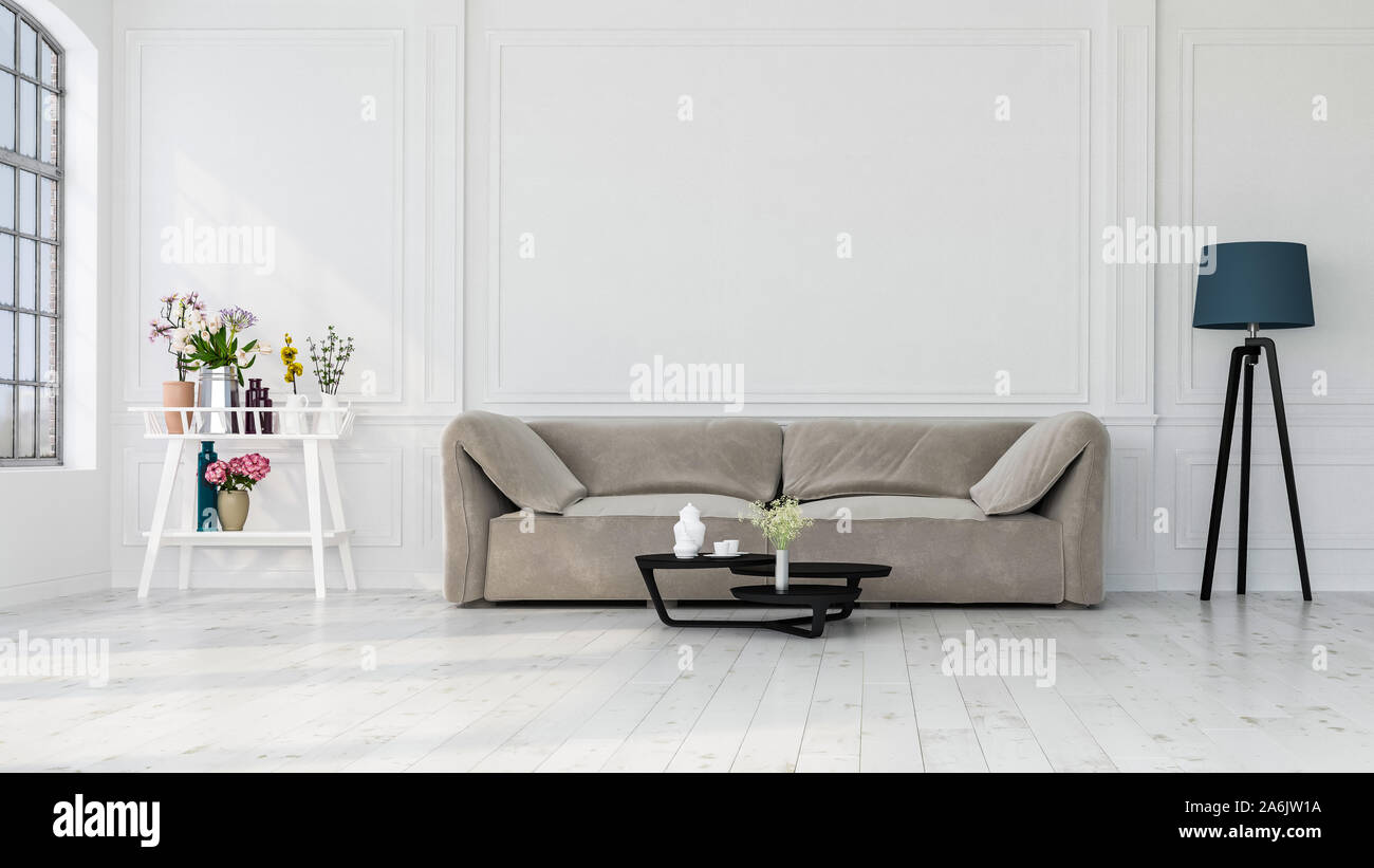 Moderne Innenausstattung aus einem Wohnzimmer im Haus Wohnung, Haus, Büro, weichen Sofa, frische Blumen und moderne Details im Innenraum auf einer weißen Wand backgrou Stockfoto